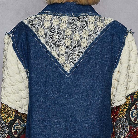 NEW POL Denim Blue Balloon Sleeve Patchwork Jacket Boho Lace Back Size Small - Picture 6 of 7